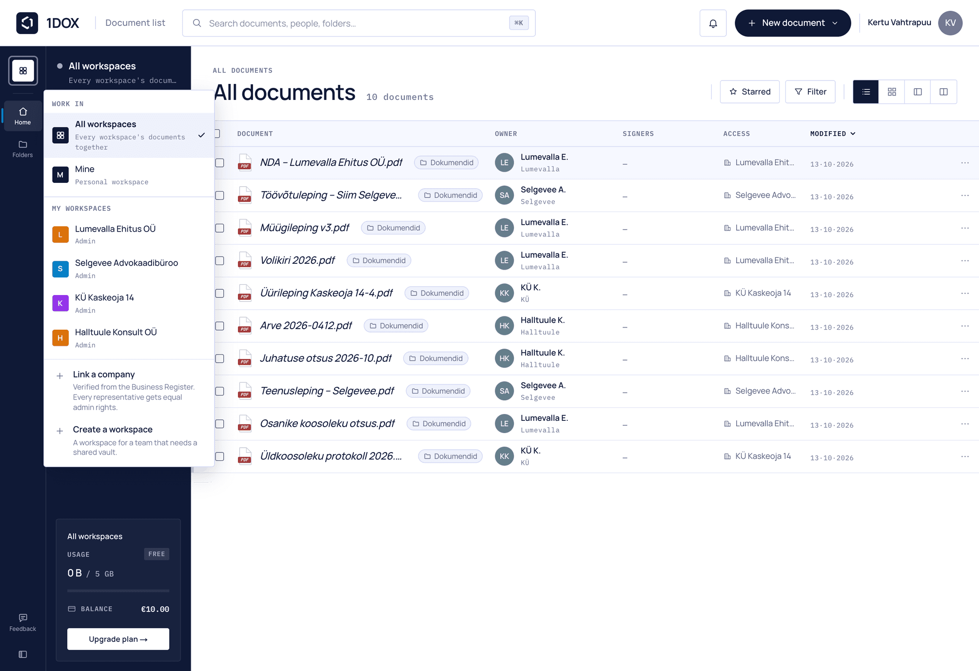 The 1DOX portal: the workspace switcher open over the document list, one workspace per client company